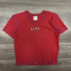 Vintage Nike Shirt Womens Large Red Made USA Contrast Stitch Swoosh Crop 90s